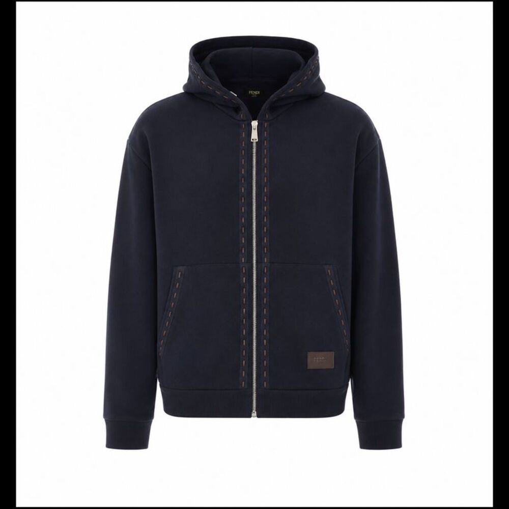 Fendi Men Patch Fendi Zip Up Hoodie With Selleria Stitching